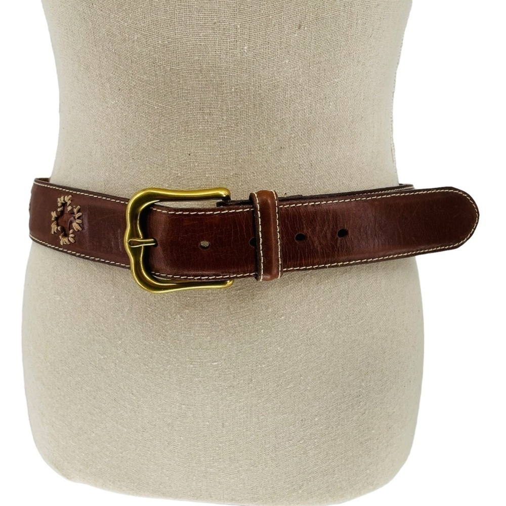 Fossil Brown Genuine Leather Belt Celestial Inlaid Designs Brass Buckle - Sz L